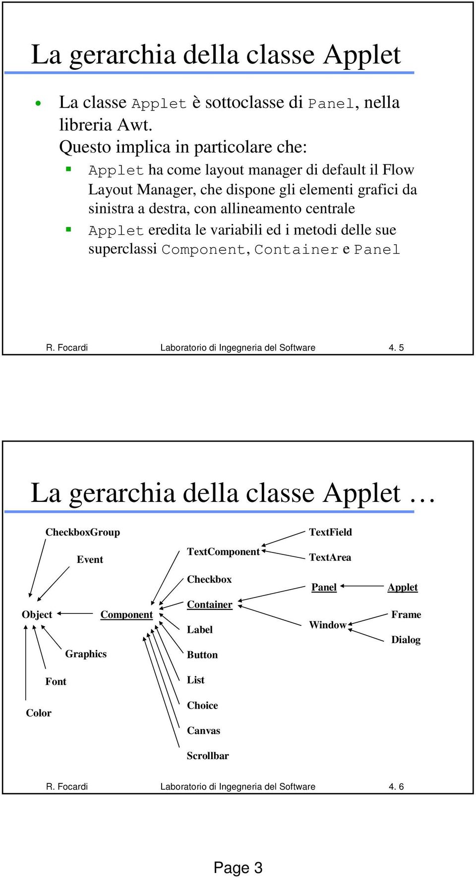 centrale Applet eredita le variabili ed i metodi delle sue superclassi Component, Container e Panel R. Focardi Laboratorio di Ingegneria del Software 4.