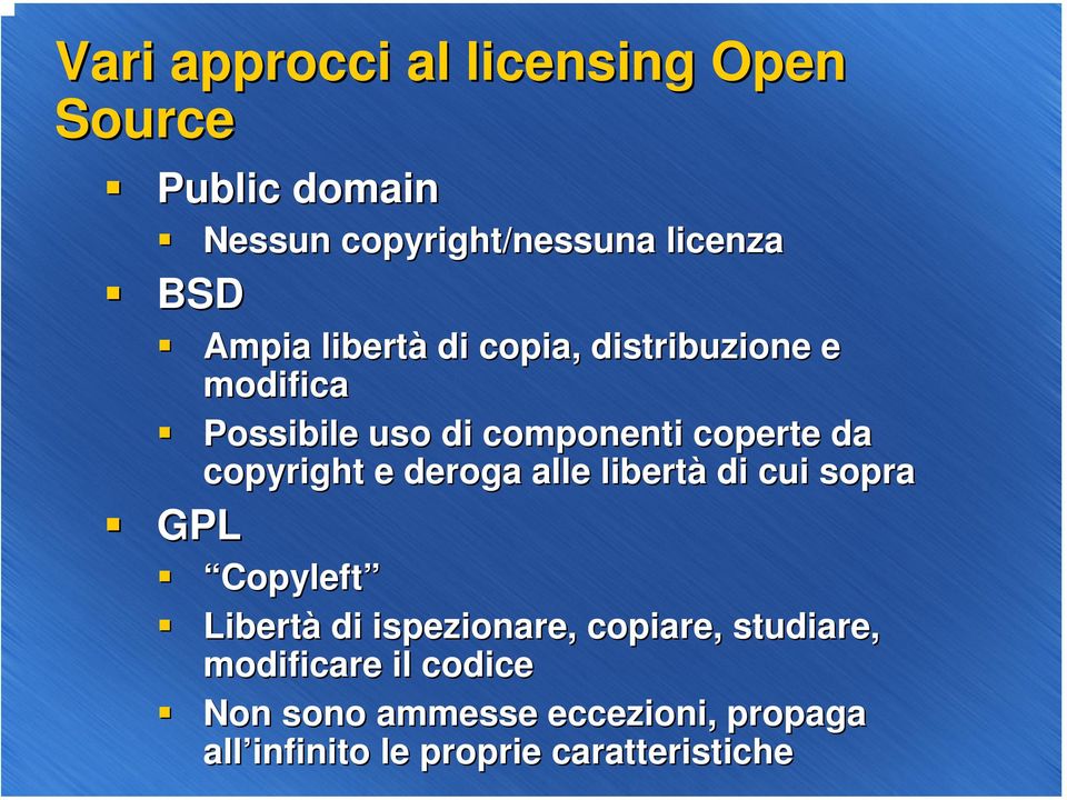 copyright e deroga alle libertà di cui sopra GPL Copyleft Libertà di ispezionare, copiare,