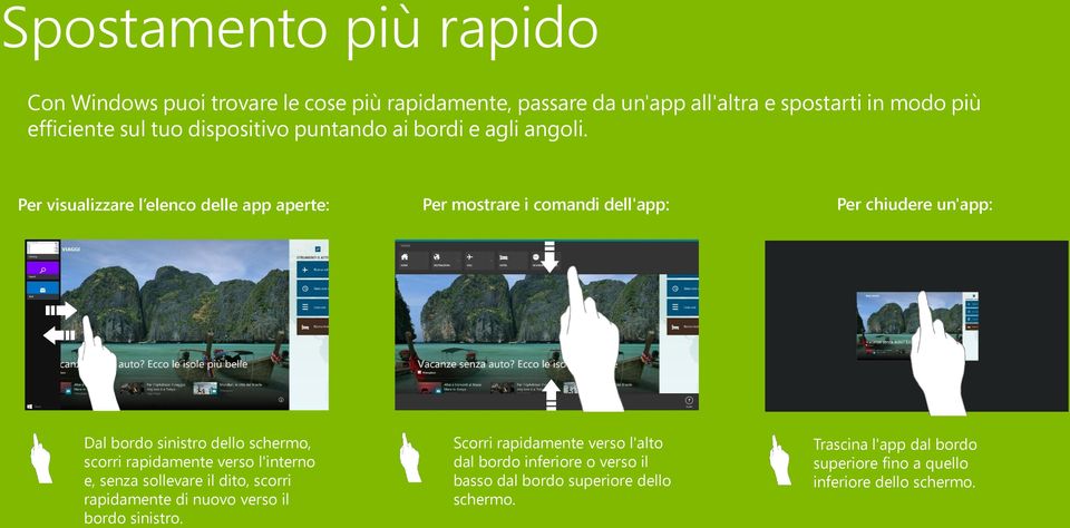 Per visualizzare l elenco delle app aperte: Per mostrare i comandi dell'app: Per chiudere un'app: Dal bordo sinistro dello schermo, scorri rapidamente