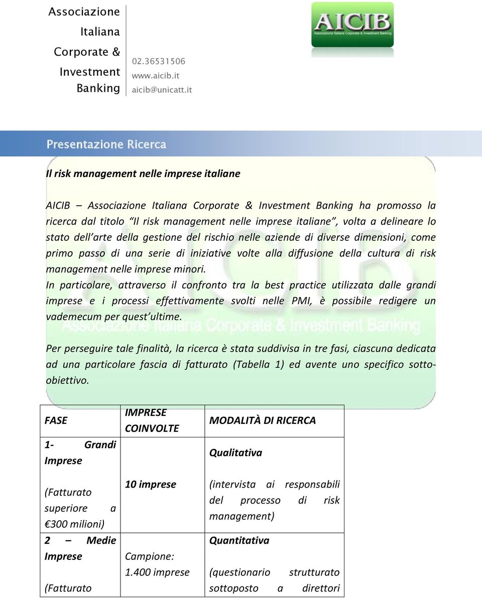 italiane, volta a delineare lo stato dell arte della gestione del rischio nelle aziende di diverse dimensioni, come primo passo di una serie di iniziative volte alla diffusione della cultura di risk