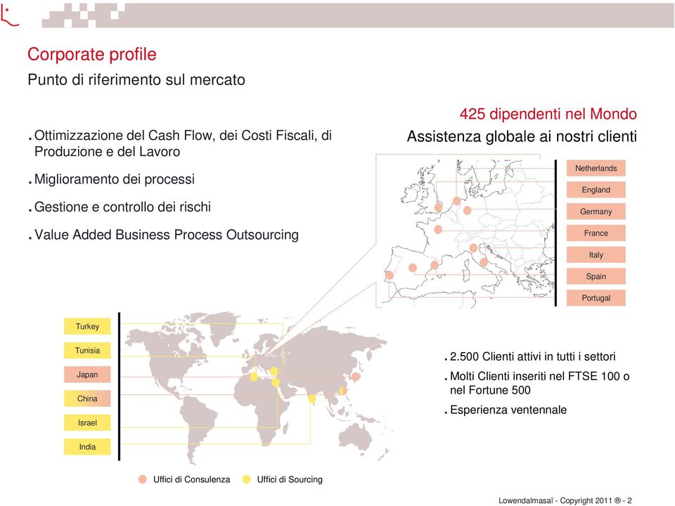 value Added Business Process Outsourcing 425 dipendenti nel Mondo Assistenza globale ai nostri clienti Netherlands England Germany France Italy