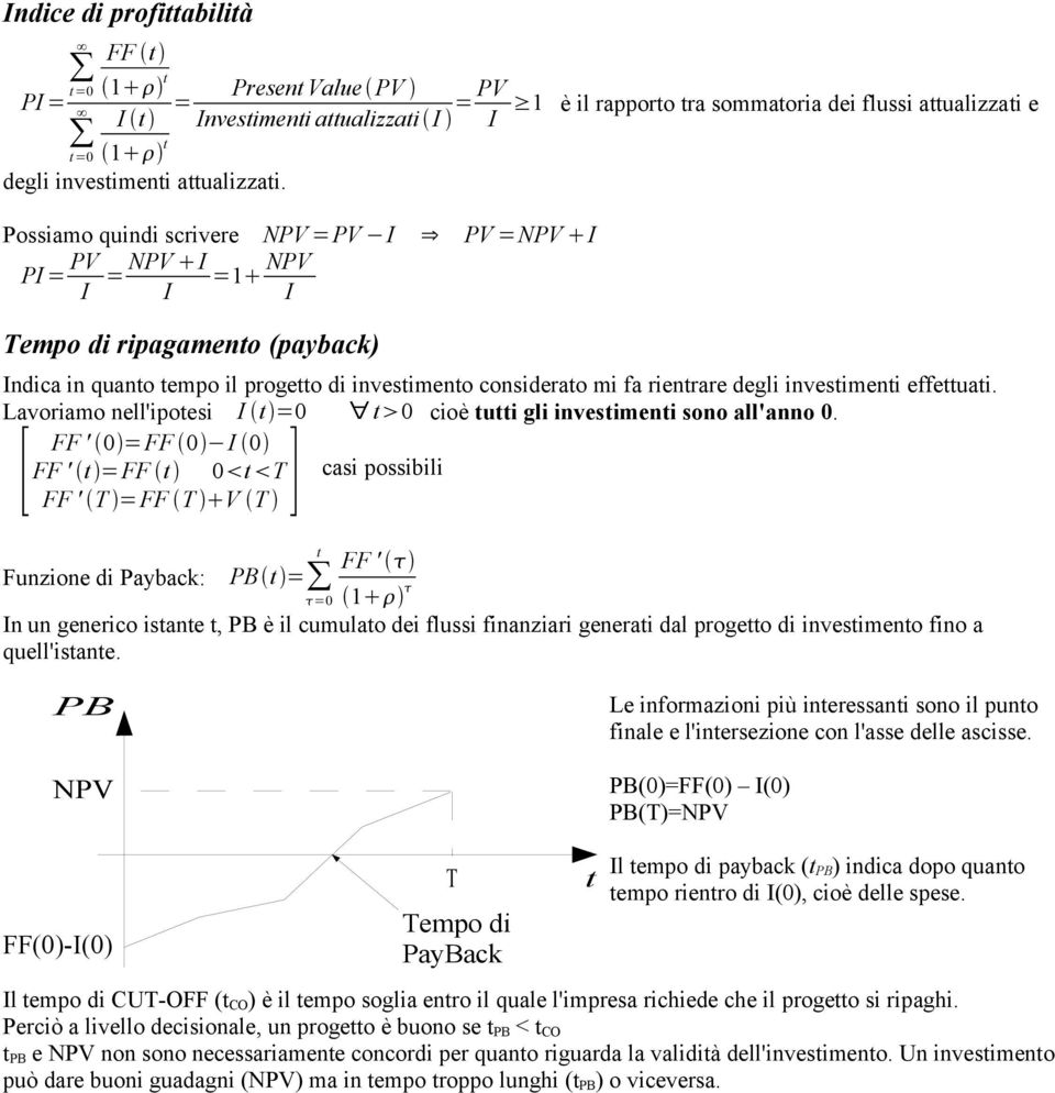 Indica in quano empo il progeo di invesimeno considerao mi fa rienrare degli invesimeni effeuai. Lavoriamo nell'ipoesi I =0 0 cioè ui gli invesimeni sono all'anno 0.