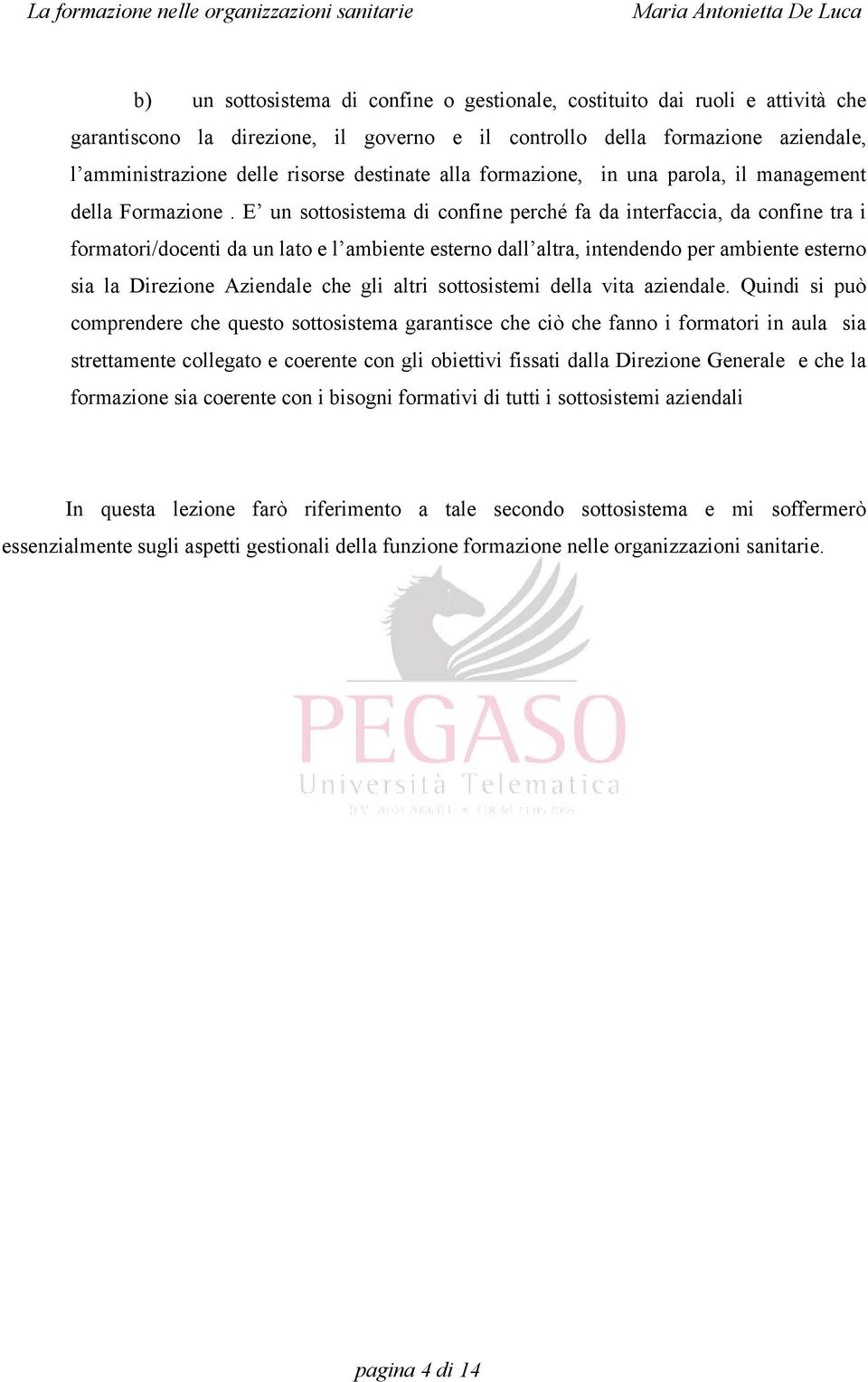 E un sottosistema di confine perché fa da interfaccia, da confine tra i formatori/docenti da un lato e l ambiente esterno dall altra, intendendo per ambiente esterno sia la Direzione Aziendale che