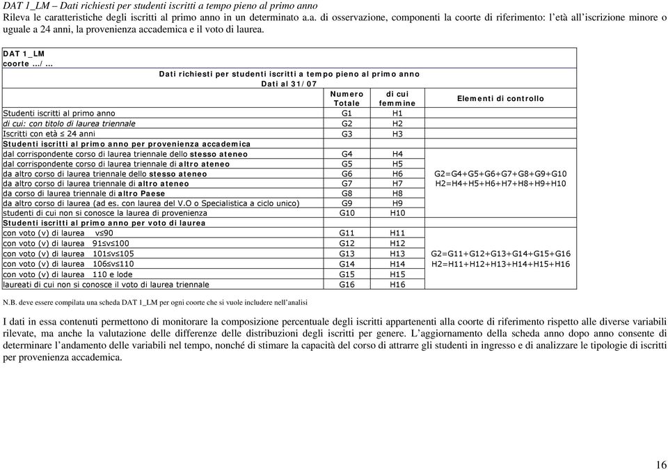 H2 Iscritti con età 24 anni G3 H3 Studenti iscritti al primo anno per provenienza accademica dal corrispondente corso di laurea triennale dello stesso ateneo G4 H4 dal corrispondente corso di laurea