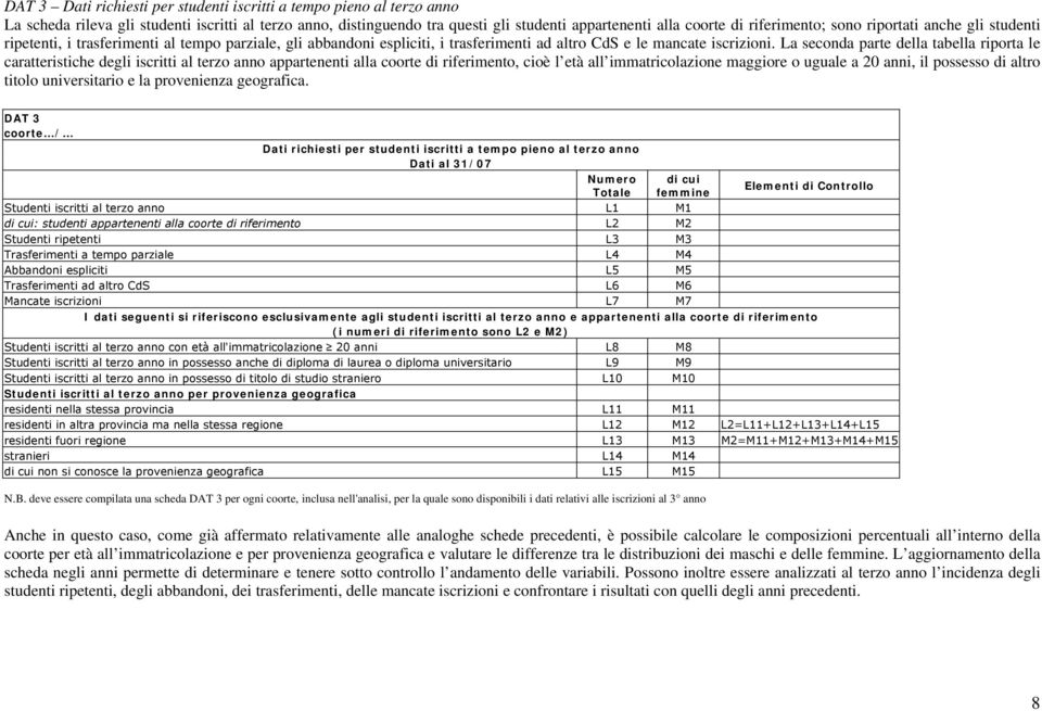 La seconda parte della tabella riporta le caratteristiche degli iscritti al terzo anno appartenenti alla coorte di riferimento, cioè l età all immatricolazione maggiore o uguale a 20 anni, il