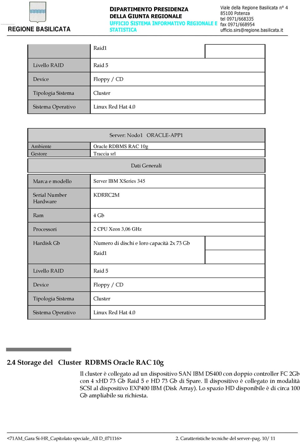 4 Storage del RDBMS Oracle RAC 10g Il cluster è collegato ad un dispositivo SAN IBM DS400 con doppio controller FC 2Gb con 4 xhd 73 Gb Raid 5 e HD 73