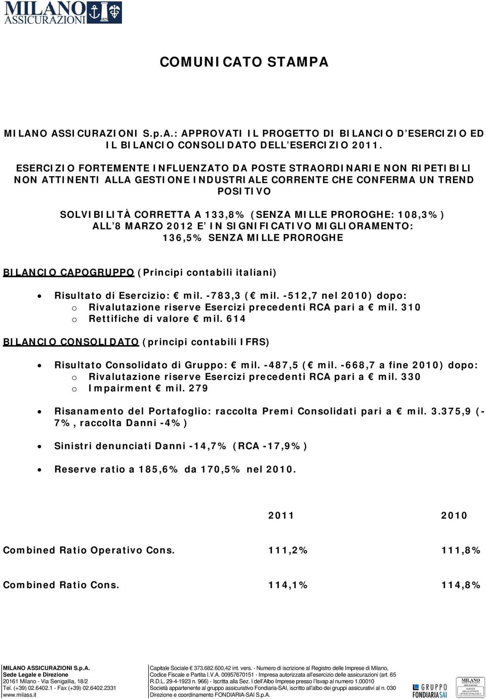 PROROGHE: 108,3%) ALL 8 MARZO 2012 E IN SIGNIFICATIVO MIGLIORAMENTO: 136,5% SENZA MILLE PROROGHE BILANCIO CAPOGRUPPO (Principi contabili italiani) Risultato di Esercizio: mil. -783,3 ( mil.