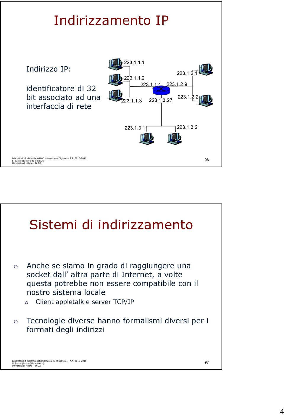 96 Sistemi di indirizzament Anche se siam in grad di raggiungere una scket dall altra parte di Internet, a vlte questa ptrebbe nn essere cmpatibile cn il nstr