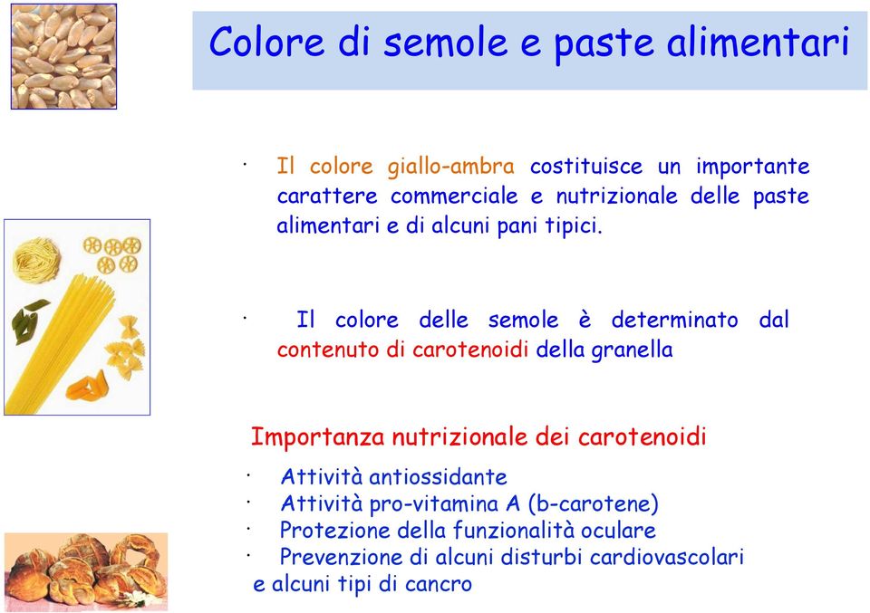 Il colore delle semole è determinato dal contenuto di carotenoidi della granella Importanza nutrizionale dei