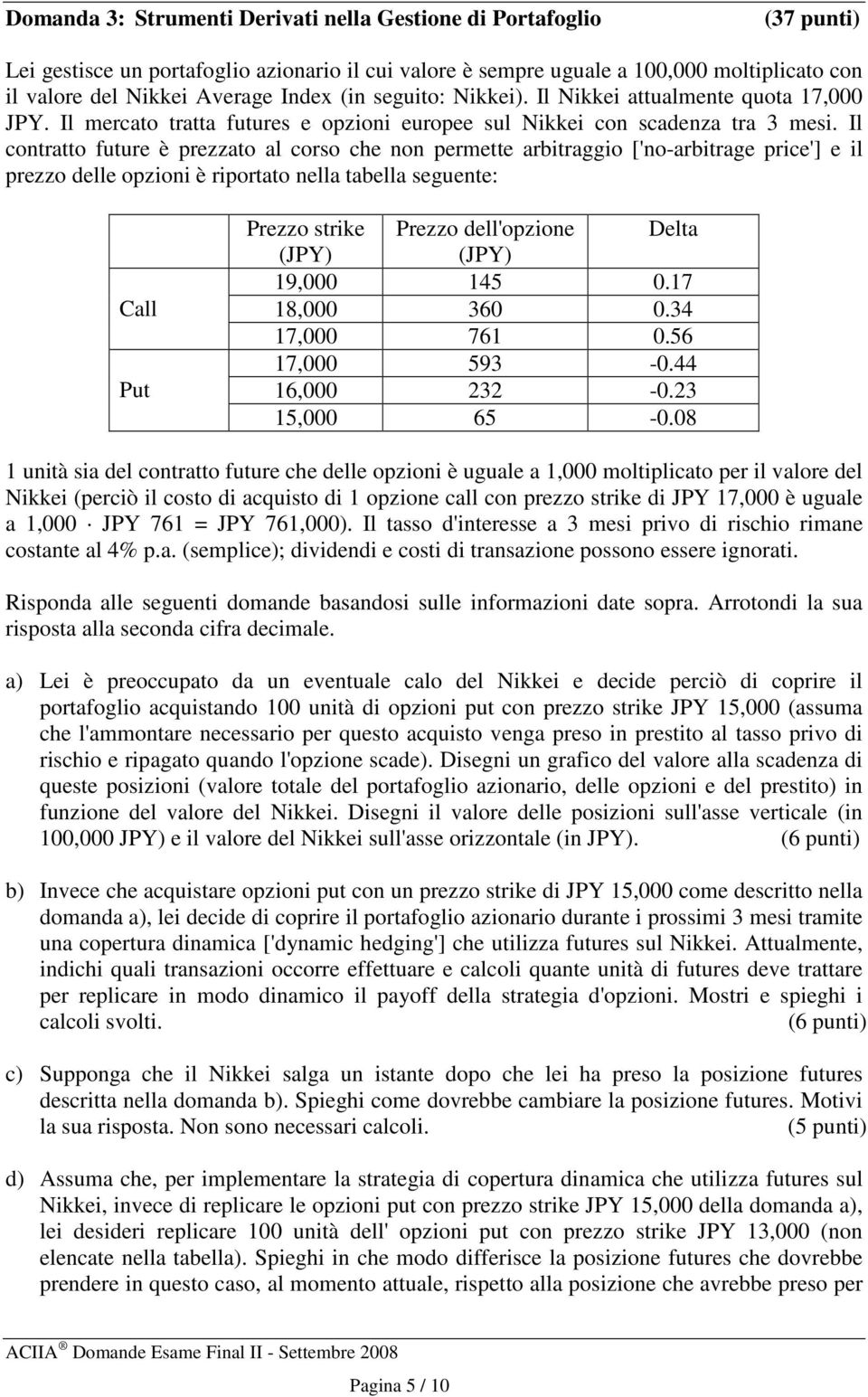 Il contratto future è prezzato al corso che non permette arbitraggio ['no-arbitrage price'] e il prezzo delle opzioni è riportato nella tabella seguente: Call Put Prezzo strike Prezzo dell'opzione