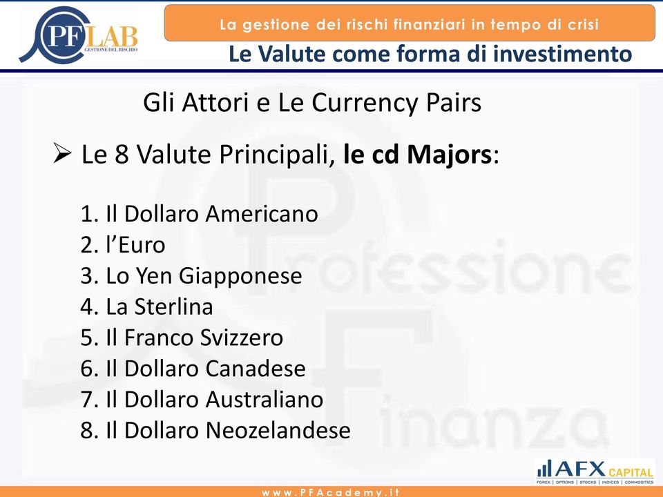 Lo Yen Giapponese 4. La Sterlina 5. Il Franco Svizzero 6.