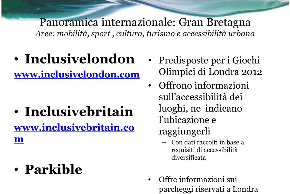 co m Parkible Predisposte per i Giochi Olimpici di Londra 2012 Offrono informazioni sull accessibilità dei luoghi,