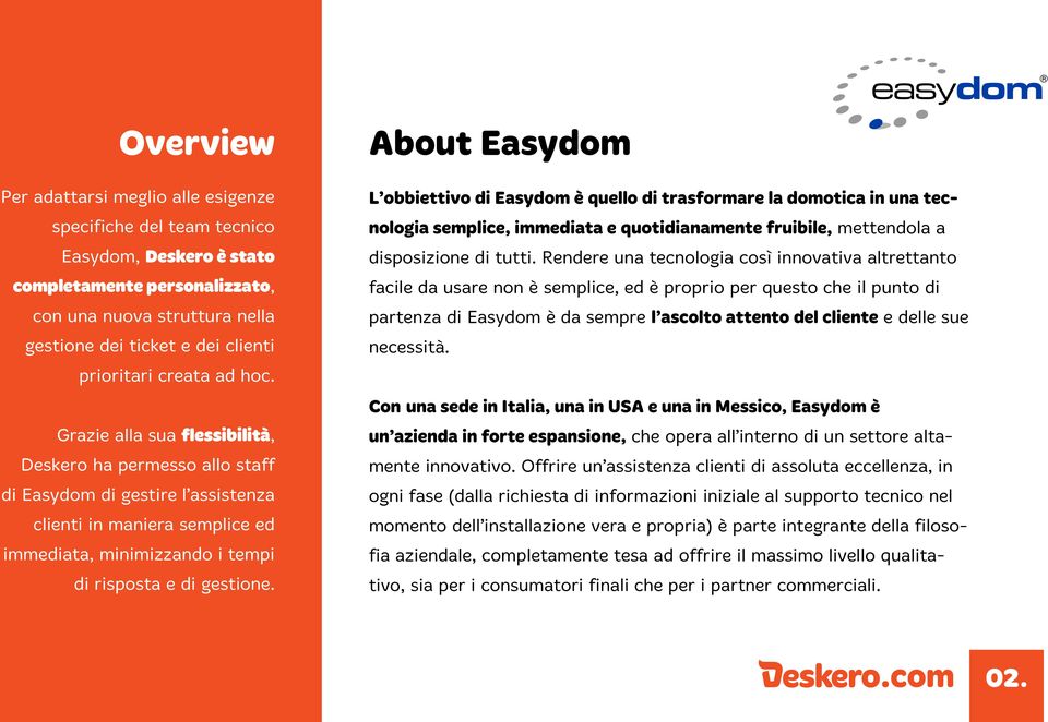 Grazie alla sua flessibilità, Deskero ha permesso allo staff di Easydom di gestire l assistenza clienti in maniera semplice ed immediata, minimizzando i tempi di risposta e di gestione.