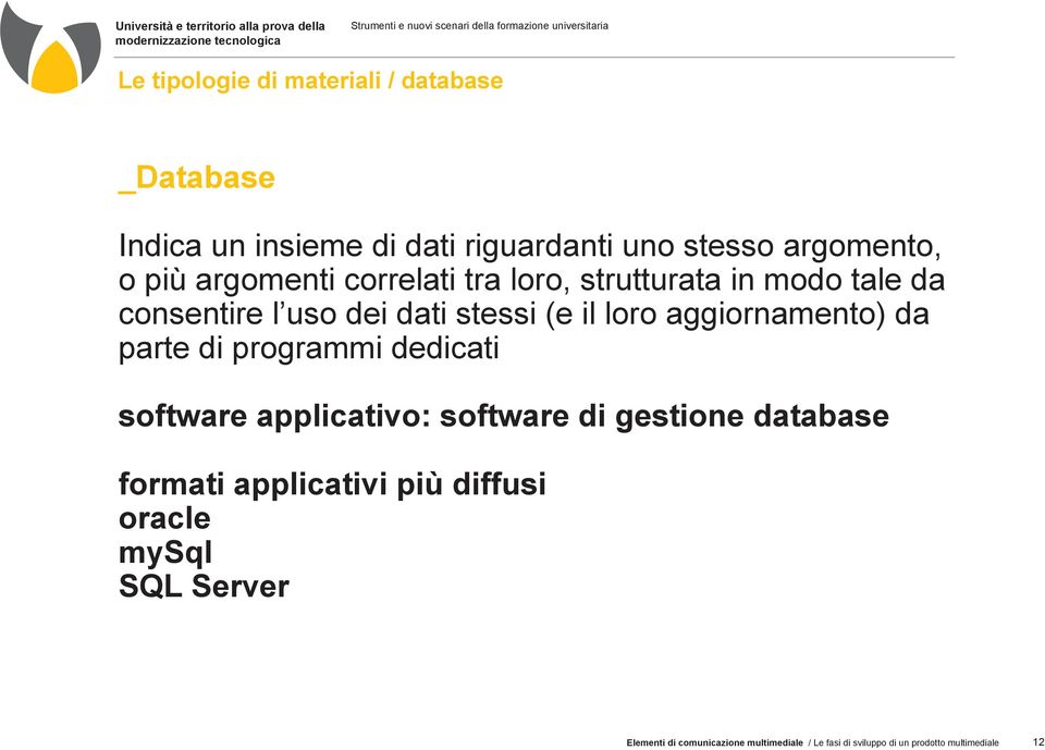 aggiornamento) da parte di programmi dedicati software applicativo: software di gestione database formati