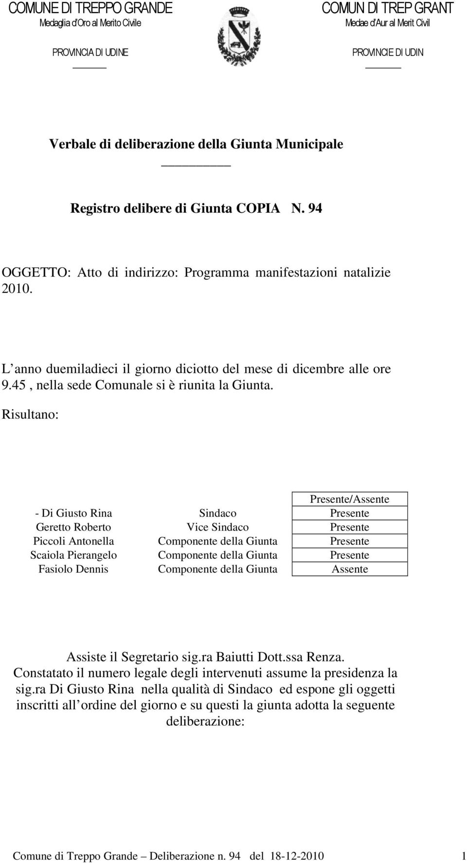 45, nella sede Comunale si è riunita la Giunta.