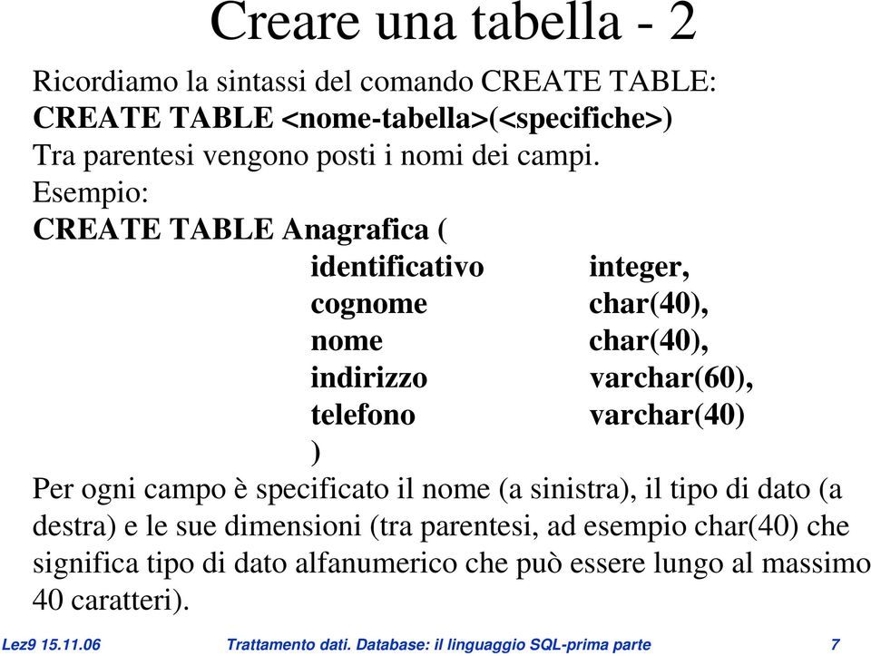 Esempio: CREATE TABLE Anagrafica ( identificativo integer, cognome char(40, nome char(40, indirizzo varchar(60, telefono varchar(40 Per ogni