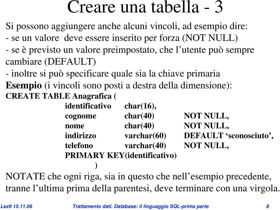 identificativo char(16, cognome char(40 NOT NULL, nome char(40 NOT NULL, indirizzo varchar(60 DEFAULT sconosciuto, telefono varchar(40 NOT NULL, PRIMARY KEY(identificativo NOTATE che