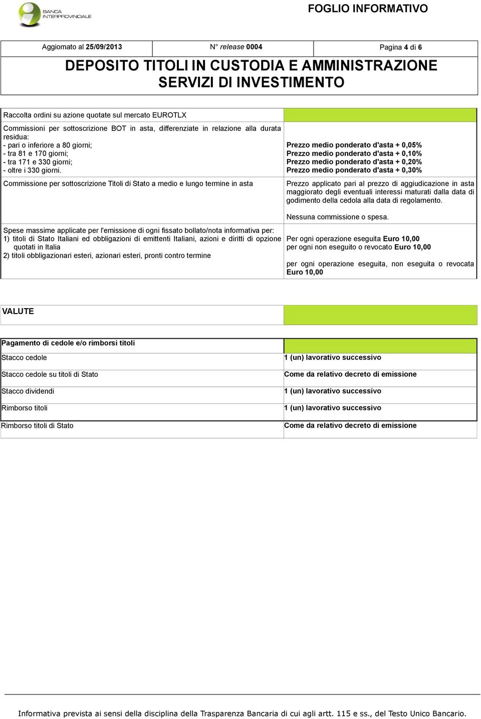 Commissione per sottoscrizione Titoli di Stato a medio e lungo termine in asta Spese massime applicate per l'emissione di ogni fissato bollato/nota informativa per: 1) titoli di Stato Italiani ed