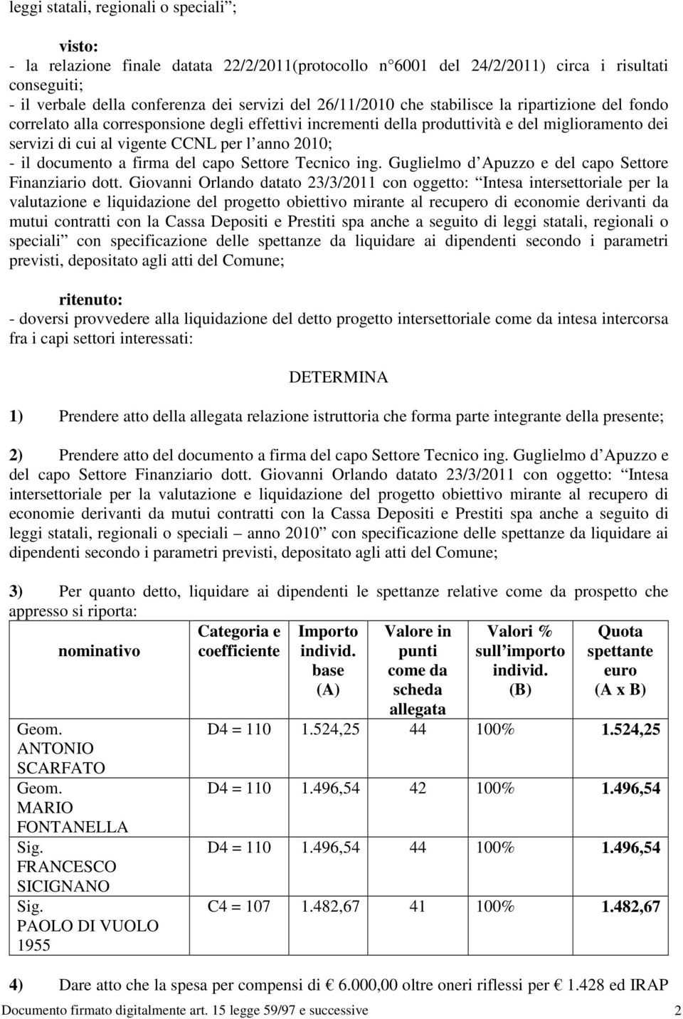 - il documento a firma del capo Settore Tecnico ing. Guglielmo d Apuzzo e del capo Settore Finanziario dott.