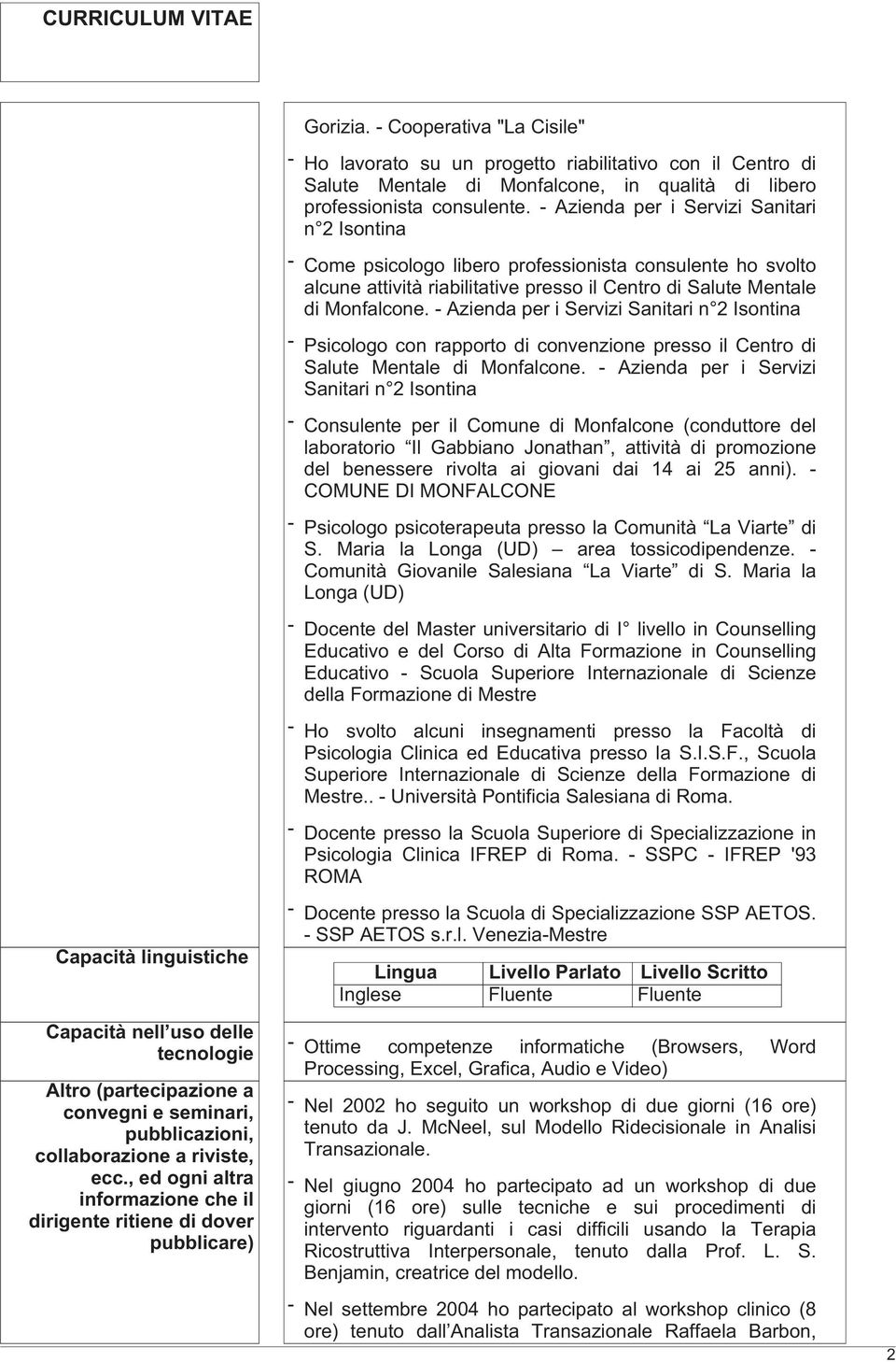 - Azienda per i Servizi Sanitari n 2 Isontina - Psicologo con rapporto di convenzione presso il Centro di Salute Mentale di Monfalcone.