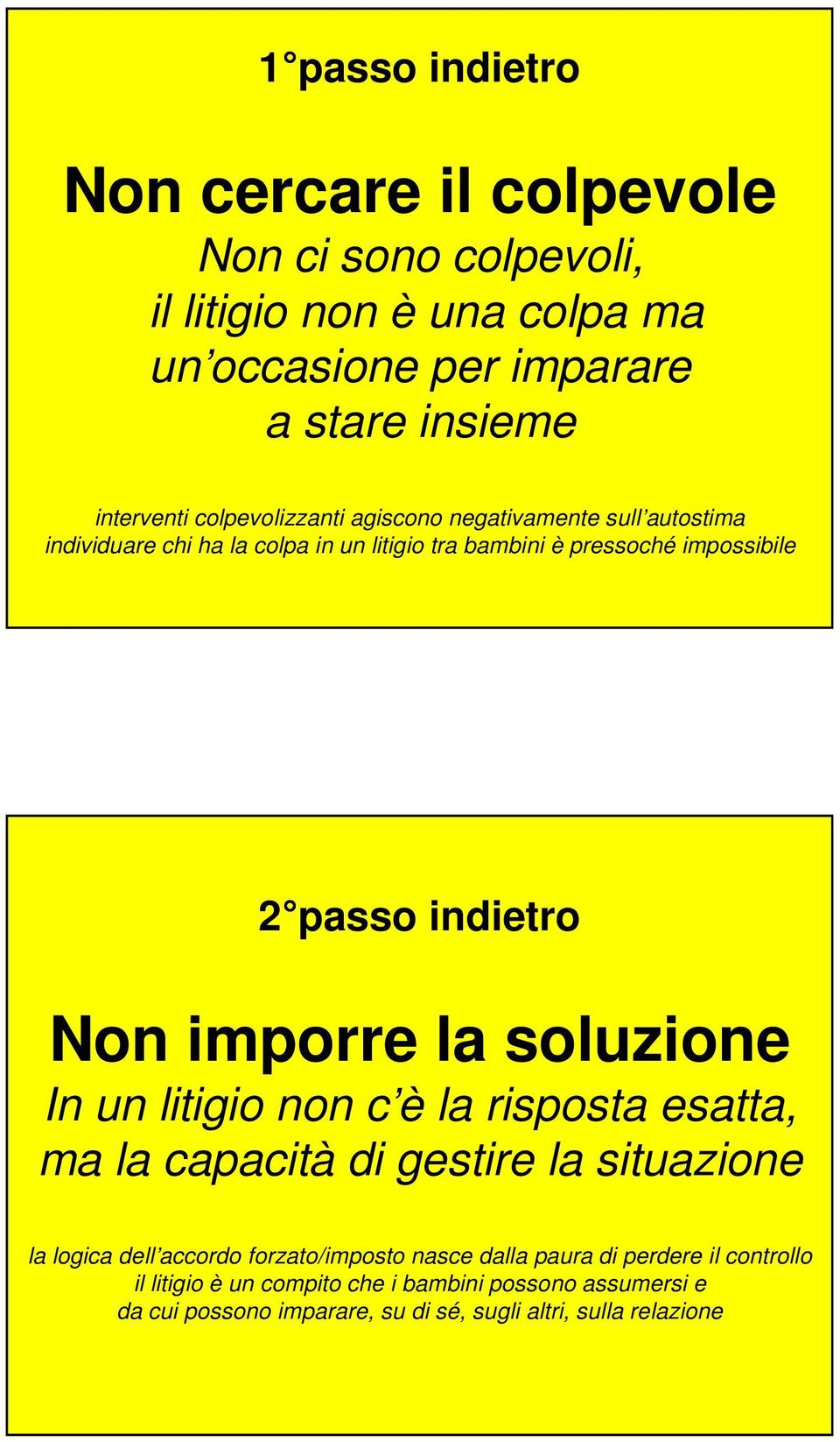 Non imporre la soluzione In un litigio non c è la risposta esatta, ma la capacità di gestire la situazione la logica dell accordo forzato/imposto nasce