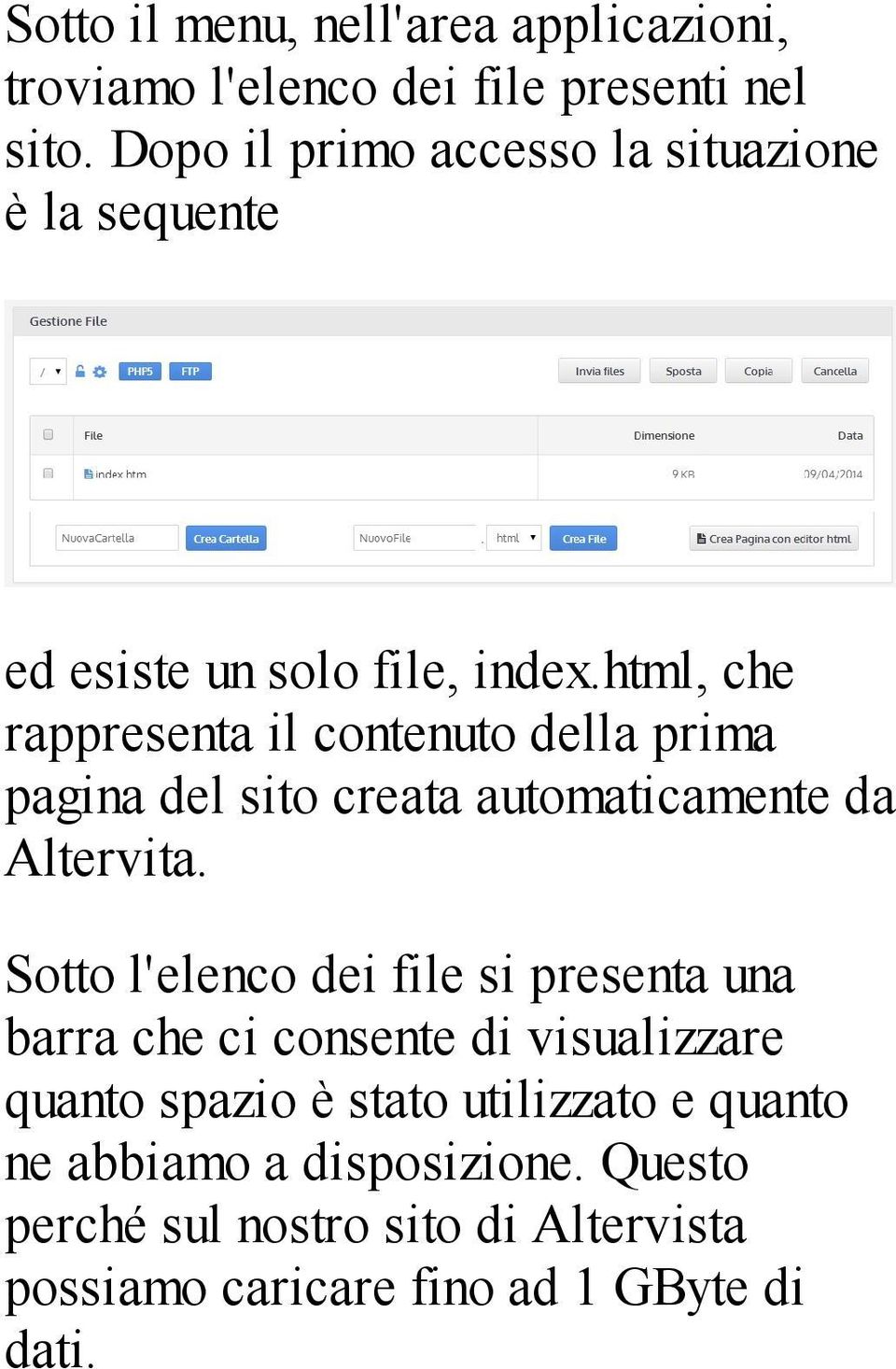 html, che rappresenta il contenuto della prima pagina del sito creata automaticamente da Altervita.