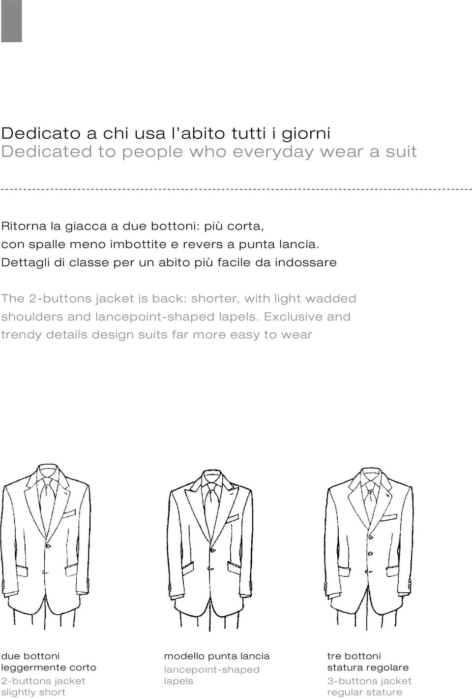 Dettagli di classe per un abito più facile da indossare The 2-buttons jacket is back: shorter, with light wadded shoulders and