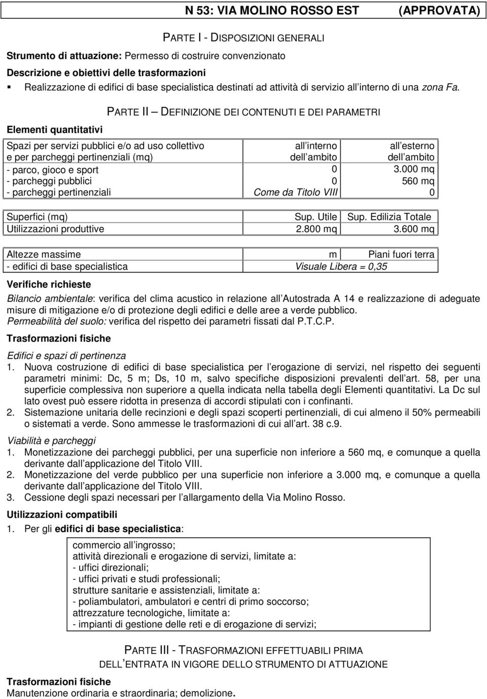 Elementi quantitativi PARTE II DEFINIZIONE DEI CONTENUTI E DEI PARAMETRI Spazi per servizi pubblici e/o ad uso collettivo e per parcheggi pertinenziali (mq) all interno all esterno - parco, gioco e