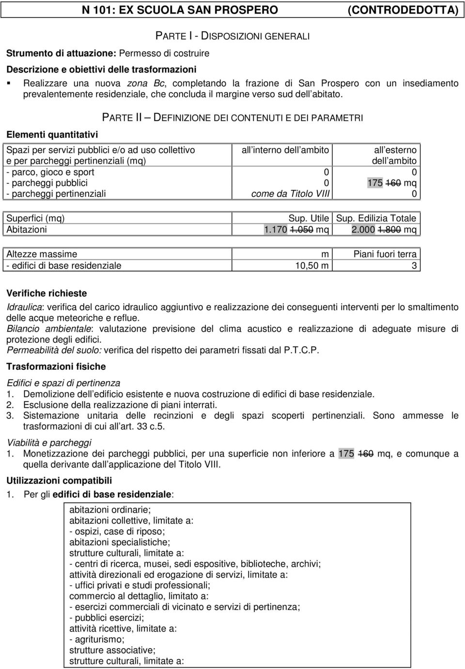 Elementi quantitativi PARTE II DEFINIZIONE DEI CONTENUTI E DEI PARAMETRI Spazi per servizi pubblici e/o ad uso collettivo e per parcheggi pertinenziali (mq) all interno all esterno - parco, gioco e