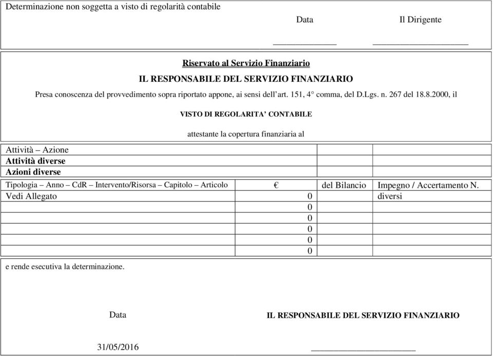 8.2, il VISTO DI REGOLARITA CONTABILE Attività Azione Attività diverse Azioni diverse attestante la copertura finanziaria al Tipologia Anno CdR