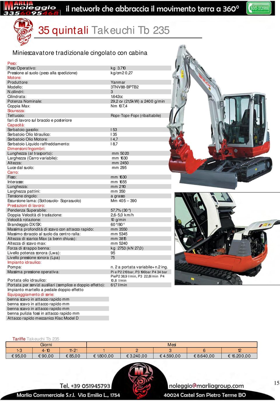 642cc Potenza Nominale: 29,2 cv (21,5kW) a 2400 g/min Coppia Max: Nm 107,4 Sicurezza: Tettuccio: Rops-Tops-Fops (ribaltabile) fari di lavoro sul braccio e posteriore Capacità: Serbatoio gasolio: l 53