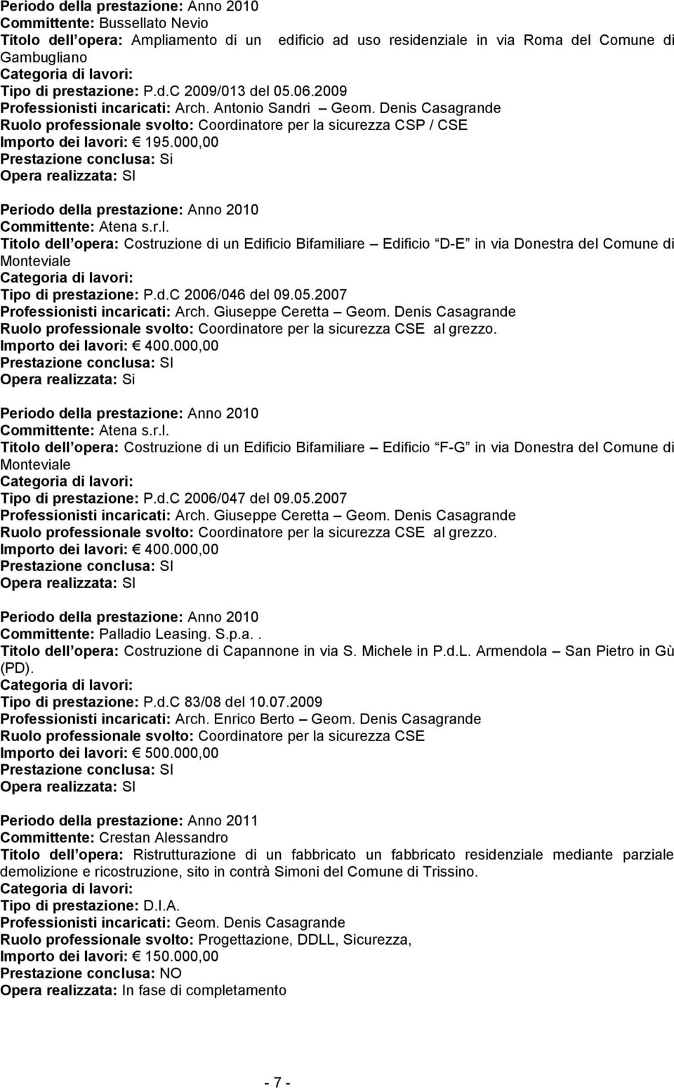 000,00 Prestazione conclusa: Si Periodo della prestazione: Anno 2010 Committente: Atena s.r.l. Titolo dell opera: Costruzione di un Edificio Bifamiliare Edificio D-E in via Donestra del Comune di Monteviale Tipo di prestazione: P.