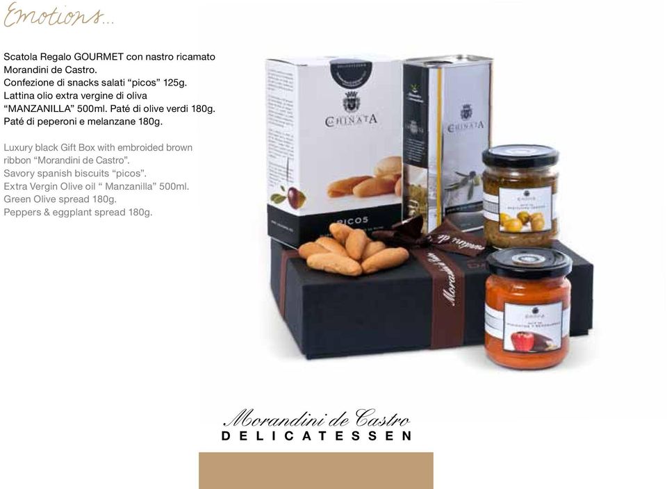 Luxury black Gift Box with embroided brown ribbon Morandini de Castro. Savory spanish biscuits picos.