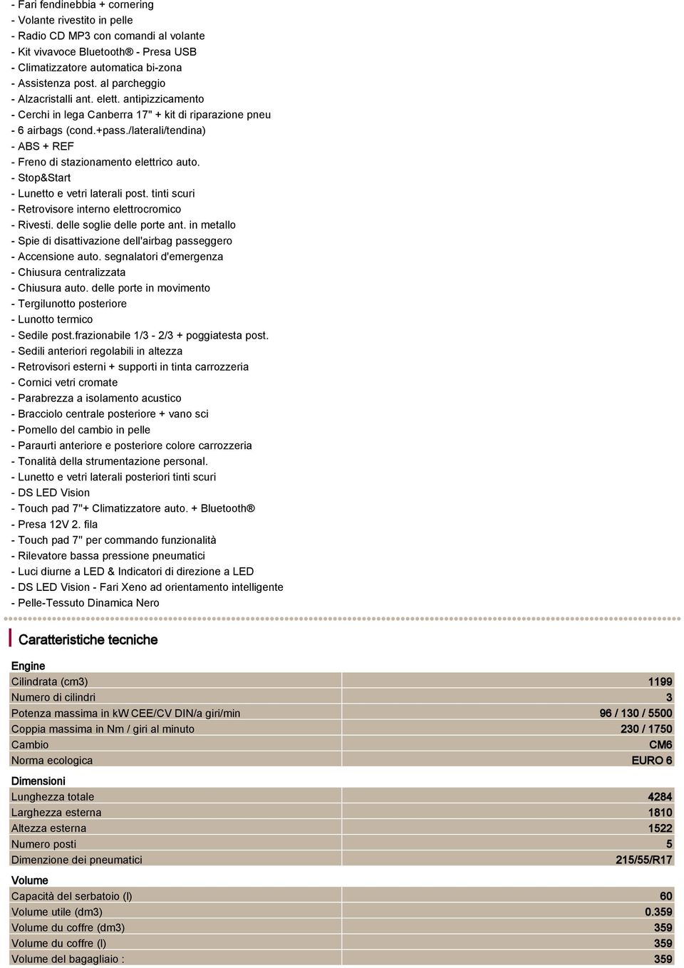 /laterali/tendina) - ABS + REF - Freno di stazionamento elettrico auto. - Stop&Start - Lunetto e vetri laterali post. tinti scuri - Retrovisore interno elettrocromico - Rivesti.