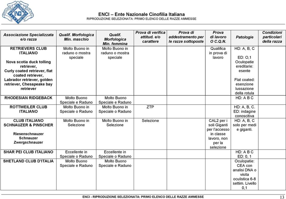 Speciale e raduno o mostra speciale Speciale e di verifica Selezione Selezione Speciale e di Qualifica in prova di lavoro ED: O,1 ereditarie: esente Flat coated: esenzione lussazione della rotula HD: