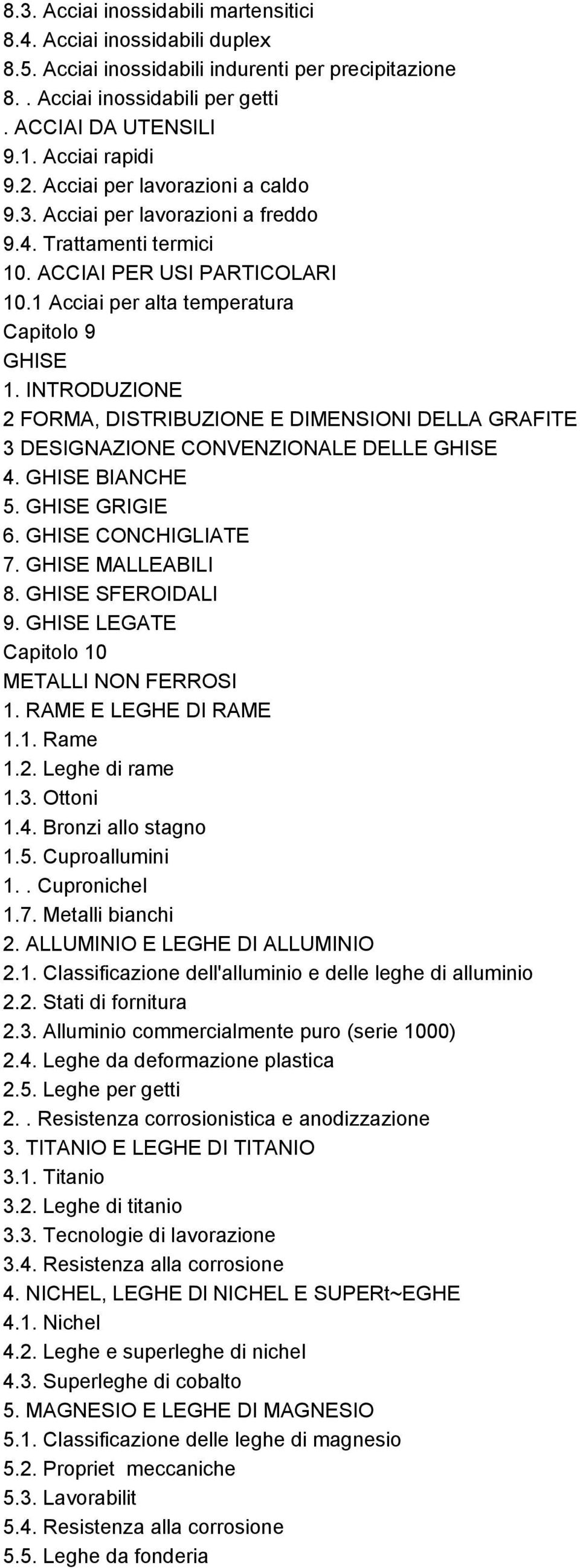 INTRODUZIONE 2 FORMA, DISTRIBUZIONE E DIMENSIONI DELLA GRAFITE 3 DESIGNAZIONE CONVENZIONALE DELLE GHISE 4. GHISE BIANCHE 5. GHISE GRIGIE 6. GHISE CONCHIGLIATE 7. GHISE MALLEABILI 8.