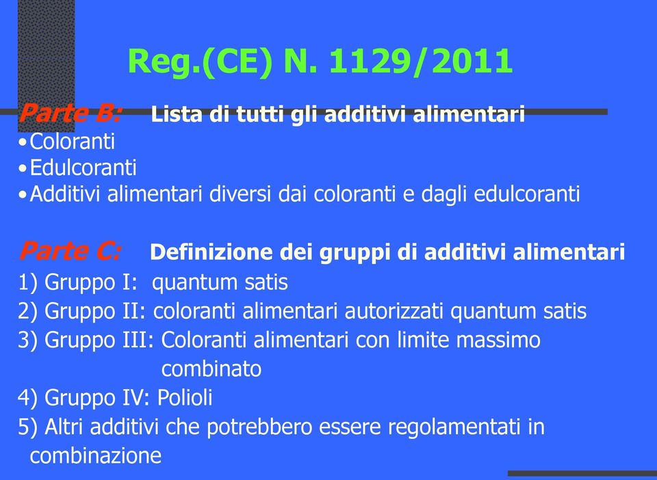 1129/2011 Definizione dei gruppi di additivi alimentari 1) Gruppo I: quantum satis 2) Gruppo II: coloranti