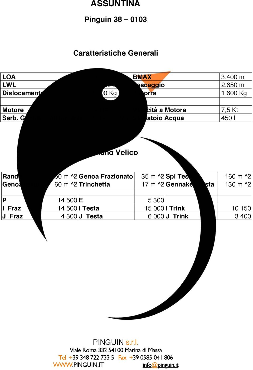 Gasolio - Autonomia 80 l 300Mg Serbatoio Acqua 450 l Piano Velico Randa 60 m ^2 Genoa Frazionato 35 m ^2 Spi Testa 160 m ^2