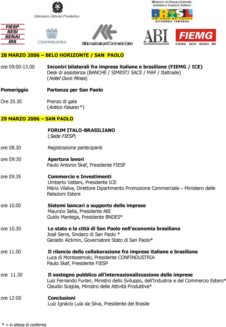 2006 SAN PAOLO FORUM ITALO-BRASILIANO (Sede FIESP) ore 08.30 ore 09:30 ore 09.35 ore 10.00 ore 10.30 ore 11.00 ore 11.