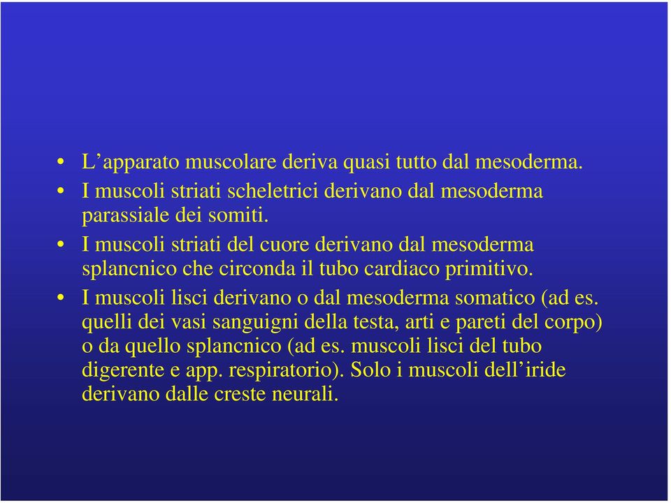 I muscoli striati del cuore derivano dal mesoderma splancnico che circonda il tubo cardiaco primitivo.