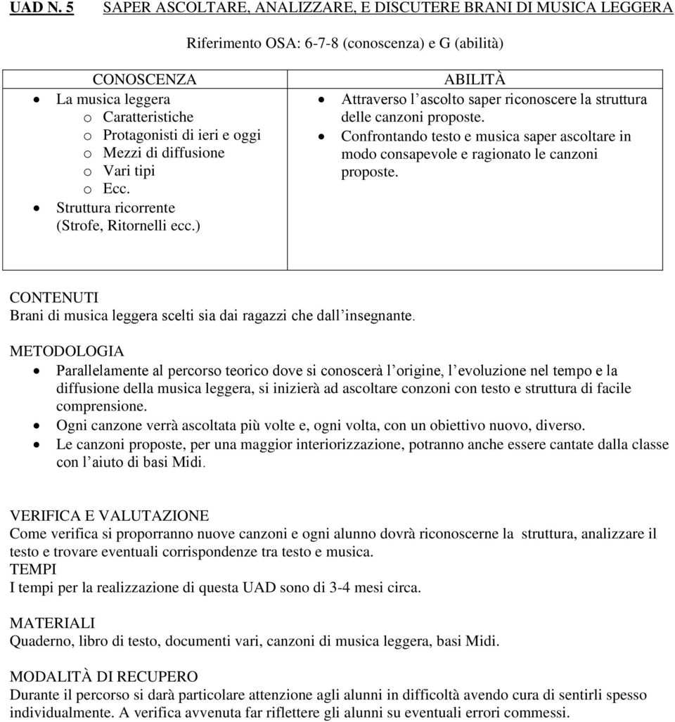 diffusione o Vari tipi o Ecc. Struttura ricorrente (Strofe, Ritornelli ecc.) Attraverso l ascolto saper riconoscere la struttura delle canzoni proposte.