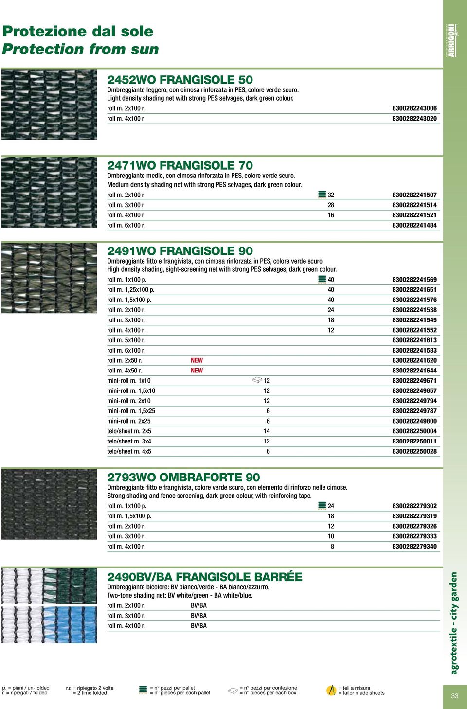 4x100 r 8300282243020 2471WO FRANGISOLE 70 Ombreggiante medio, con cimosa rinforzata in PES, colore verde scuro. Medium density shading net with strong PES selvages, dark green colour. roll m.