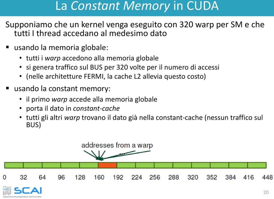 di accessi (nelle architetture FERMI, la cache L2 allevia questo costo) usando la constant memory: il primo warp accede alla