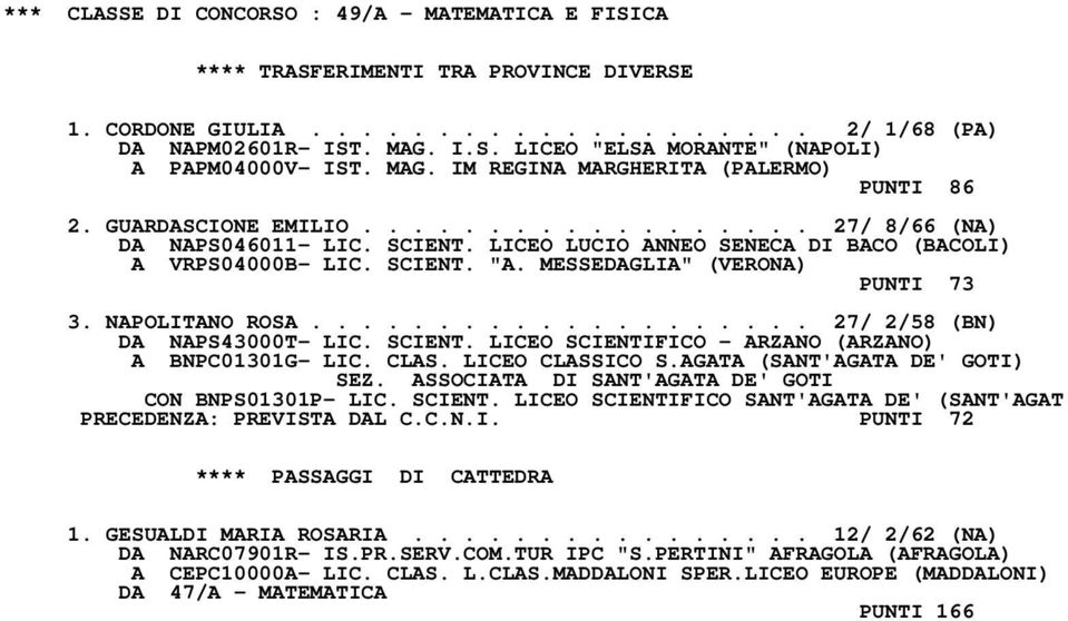 NAPOLITANO ROSA.................... 27/ 2/58 (BN) DA NAPS43000T- LIC. SCIENT. LICEO SCIENTIFICO - ARZANO (ARZANO) A BNPC01301G- LIC. CLAS. LICEO CLASSICO S.AGATA (SANT'AGATA DE' GOTI) SEZ.