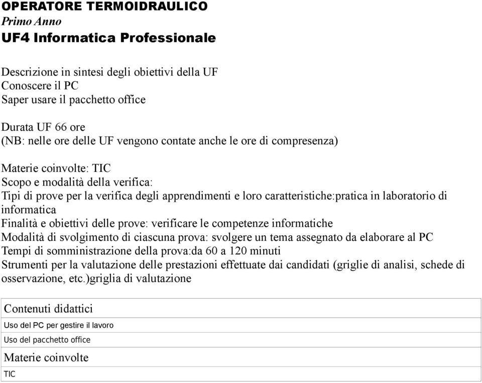 verificare le competenze informatiche Modalità di svolgimento di ciascuna prova: svolgere un tema assegnato da elaborare al PC Tempi di