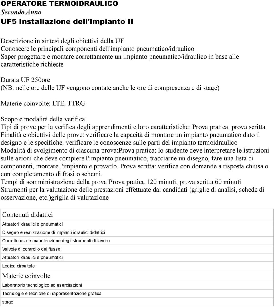 degli apprendimenti e loro caratteristiche: Prova pratica, prova scritta Finalità e obiettivi delle prove: verificare la capacità di montare un impianto pneumatico dato il designo e le specifiche,