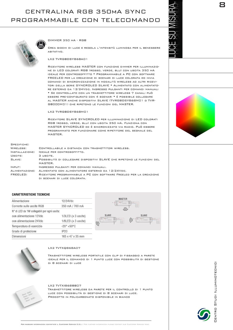 FREELED per la creazione di scenari di luce colorata ed invia comandi di sincronizzazione in modalità wireless ad altri ricevitori della serie SYNCROLED SLAVE Alimentato con alimentatore esterno da