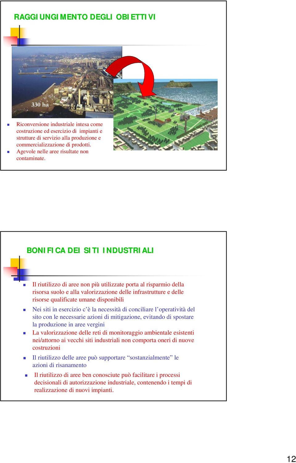 Introduzione BONIFICA DEI SITI INDUSTRIALI Il riutilizzo di aree non più utilizzate porta al risparmio della risorsa suolo e alla valorizzazione delle infrastrutture e delle risorse qualificate umane