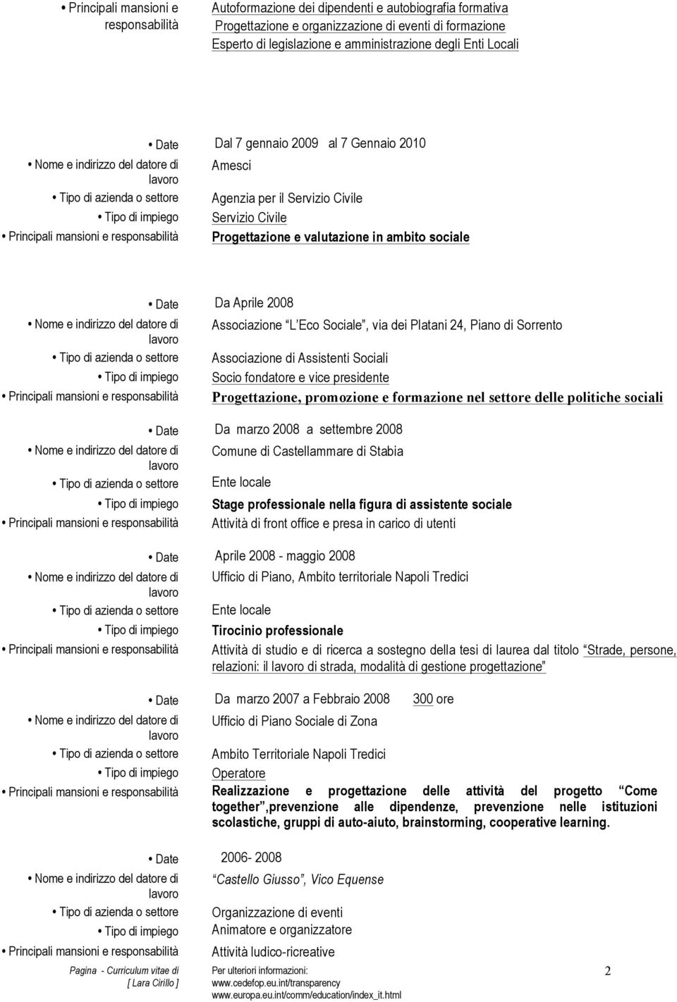 di Sorrento Associazione di Assistenti Sociali Socio fondatore e vice presidente Progettazione, promozione e formazione nel settore delle politiche sociali Da marzo 2008 a settembre 2008 Comune di