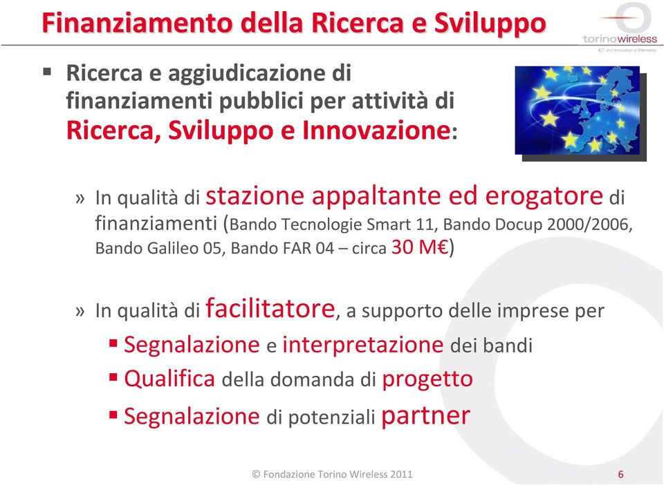 2000/2006, Bando Galileo 05, Bando FAR 04 circa 30 M )» In qualità di facilitatore, a supporto delle imprese per